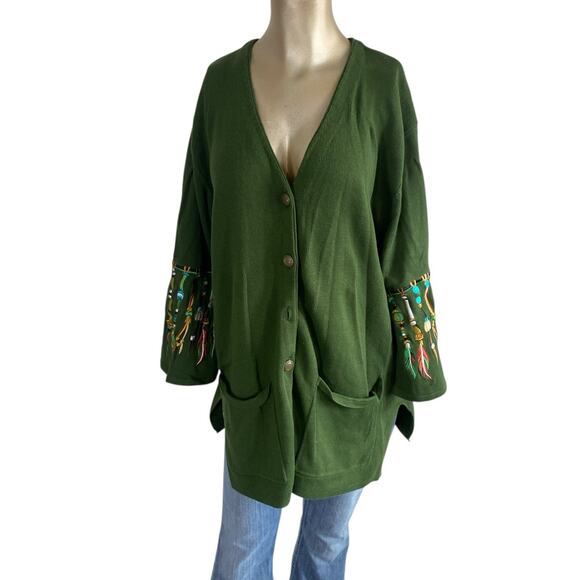 Bob Mackie Wearable Art Women Size 1X Cardigan Sweater Green Embroidered Boho - Picture 1 of 6